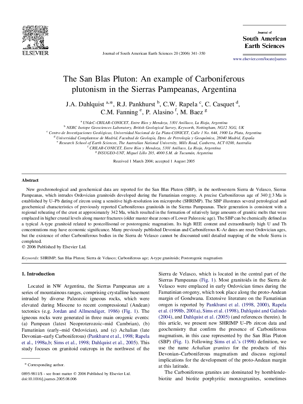 The San Blas Pluton: An example of Carboniferous plutonism in the Sierras Pampeanas, Argentina