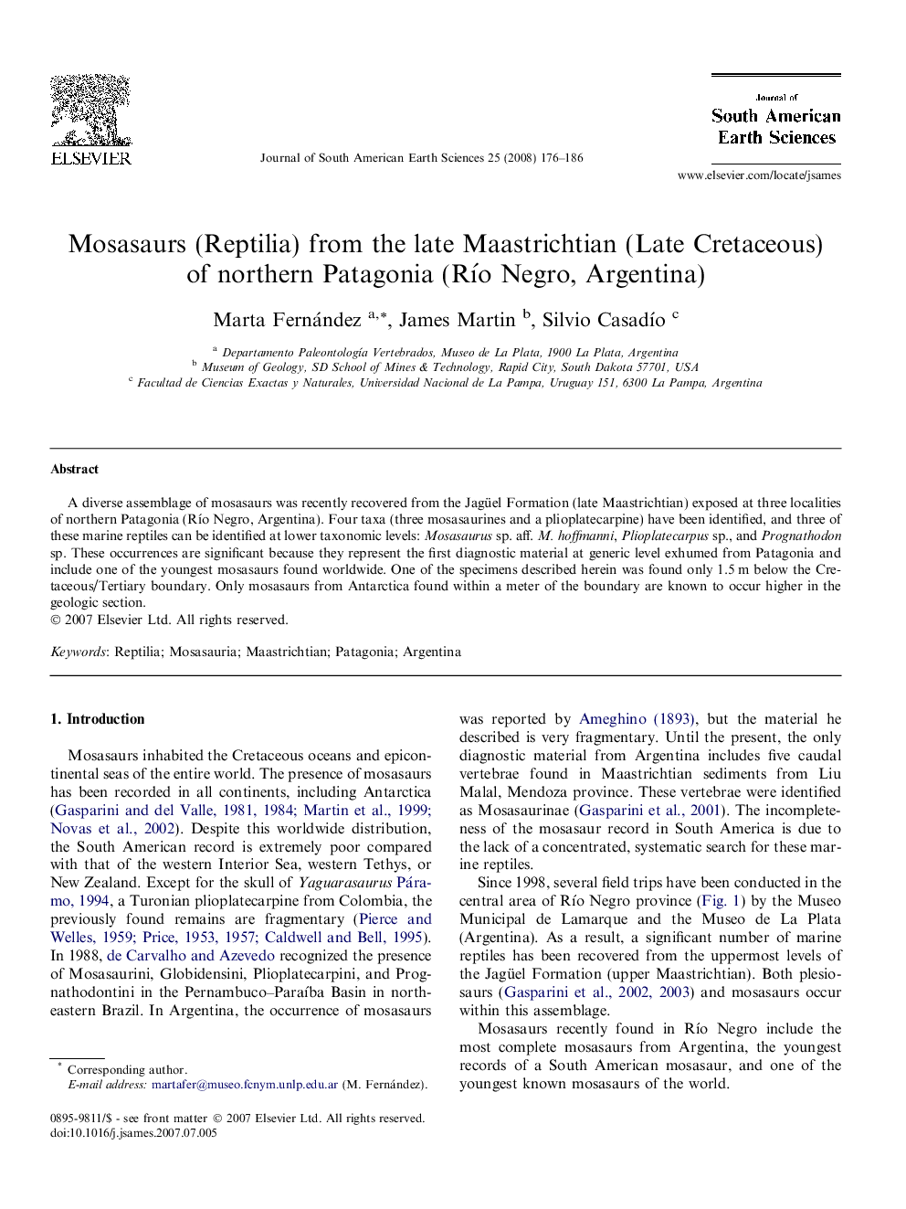 Mosasaurs (Reptilia) from the late Maastrichtian (Late Cretaceous) of northern Patagonia (Río Negro, Argentina)