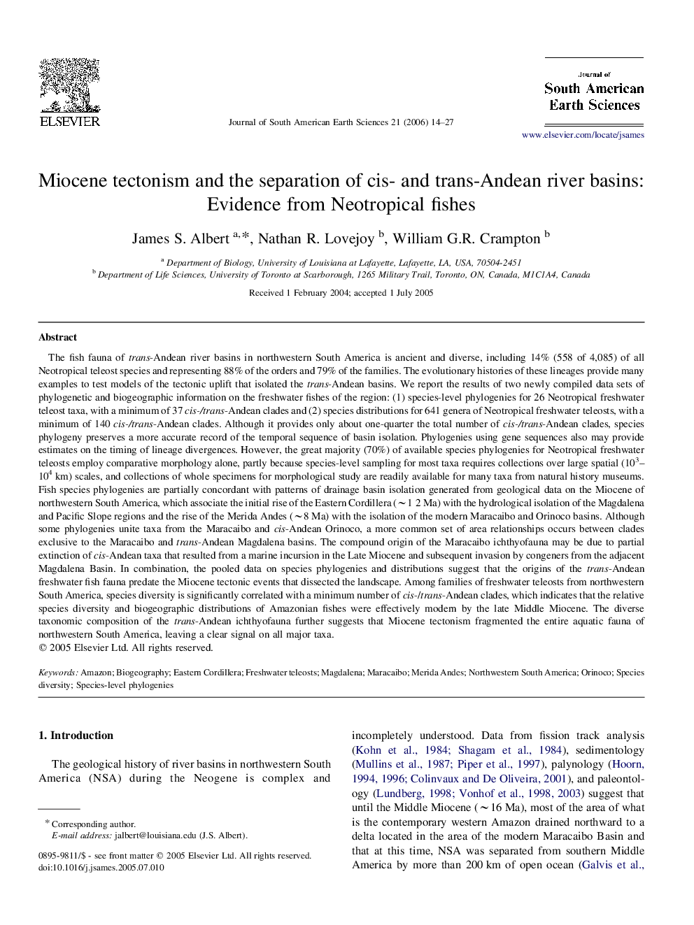 Miocene tectonism and the separation of cis- and trans-Andean river basins: Evidence from Neotropical fishes