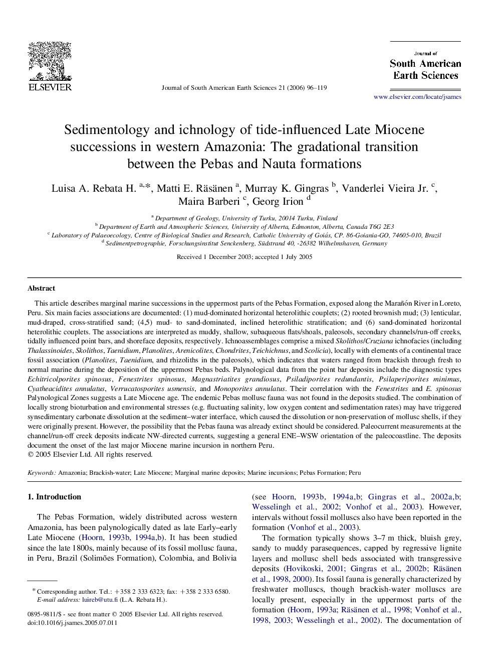 Sedimentology and ichnology of tide-influenced Late Miocene successions in western Amazonia: The gradational transition between the Pebas and Nauta formations