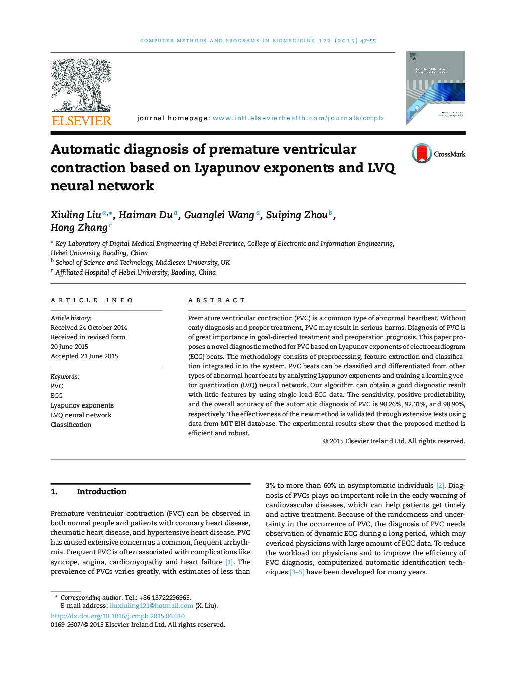 Automatic diagnosis of premature ventricular contraction based on Lyapunov exponents and LVQ neural network