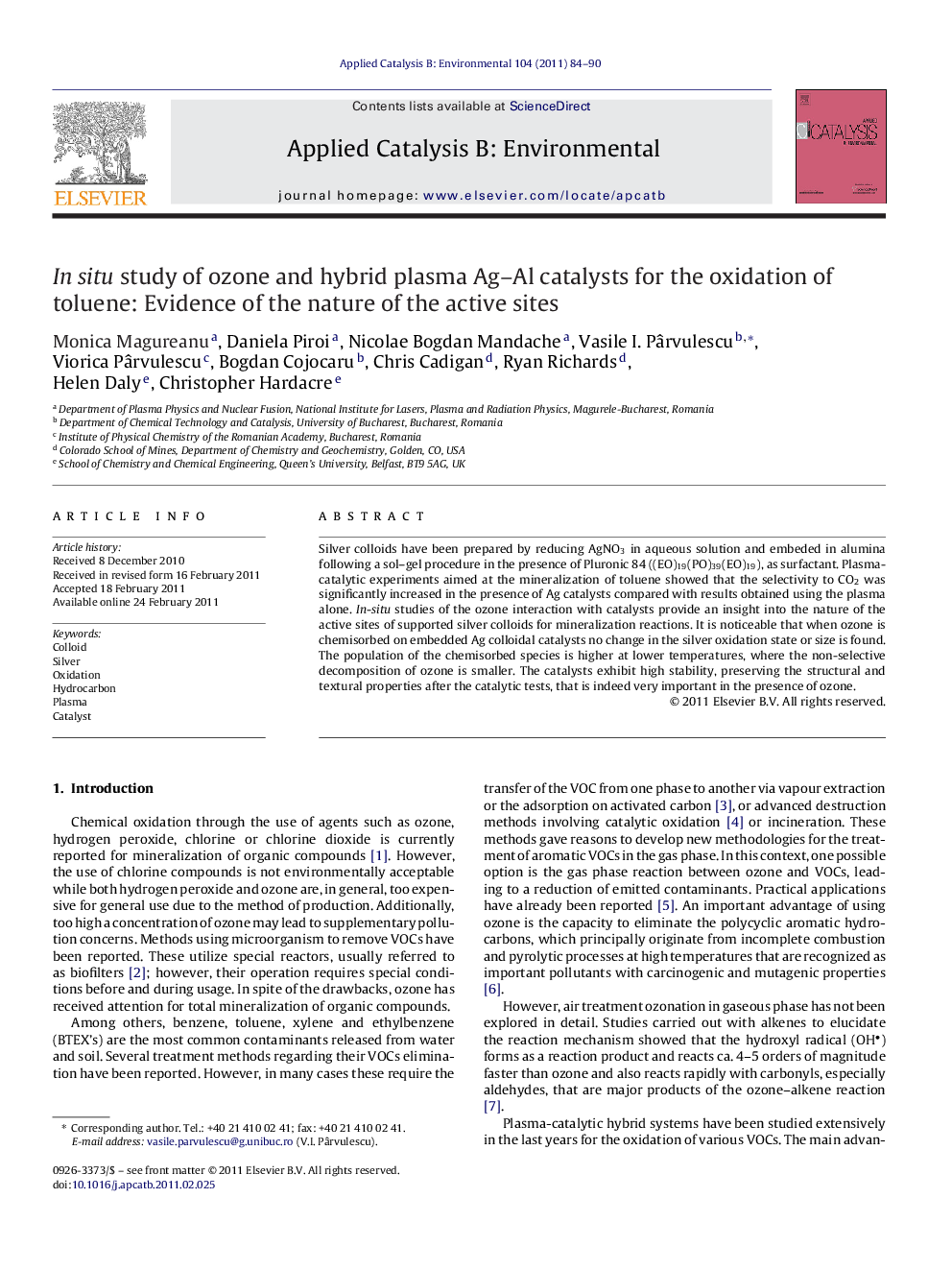 In situ study of ozone and hybrid plasma Ag–Al catalysts for the oxidation of toluene: Evidence of the nature of the active sites