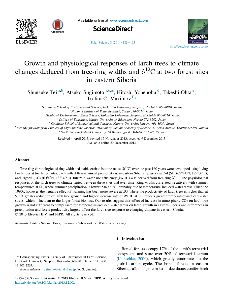 Growth and physiological responses of larch trees to climate changes deduced from tree-ring widths and δ13C at two forest sites in eastern Siberia