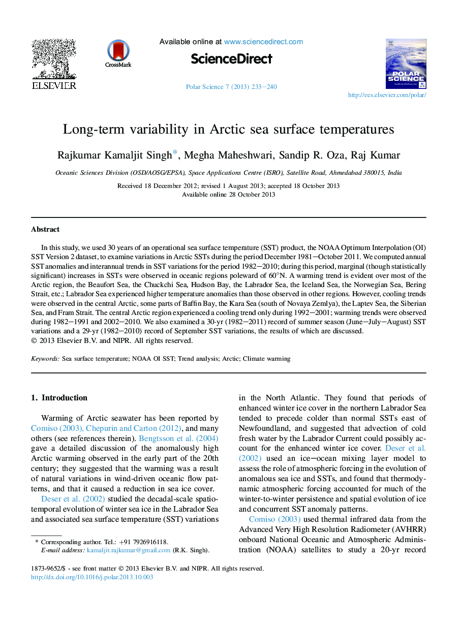 Long-term variability in Arctic sea surface temperatures
