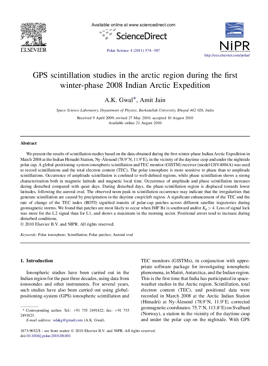 GPS scintillation studies in the arctic region during the first winter-phase 2008 Indian Arctic Expedition