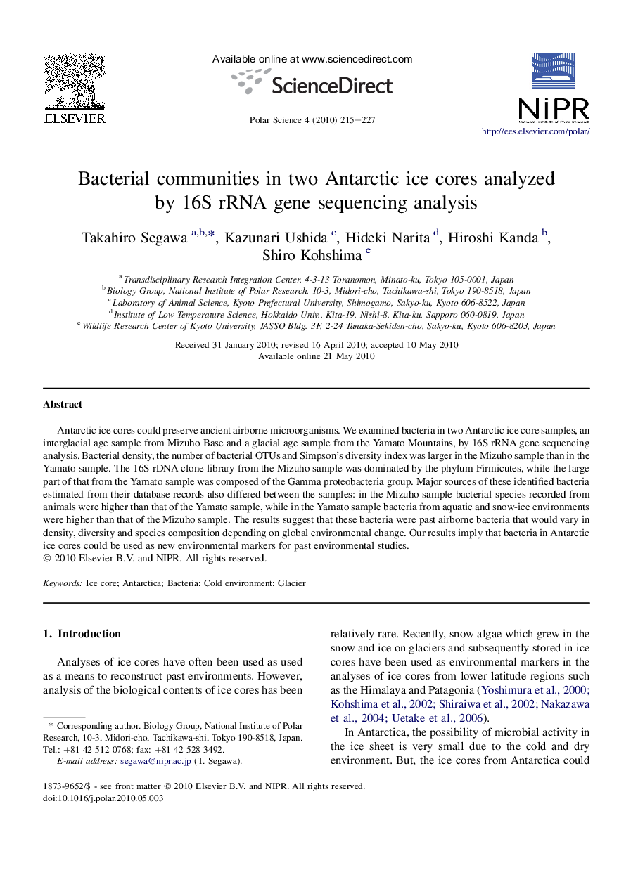 Bacterial communities in two Antarctic ice cores analyzed by 16S rRNA gene sequencing analysis