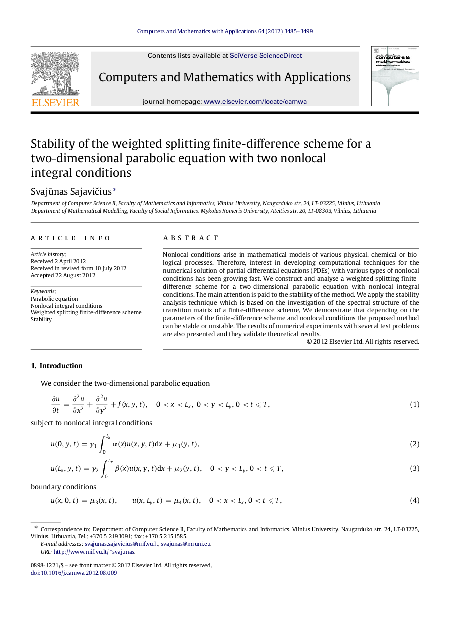 Stability of the weighted splitting finite-difference scheme for a two-dimensional parabolic equation with two nonlocal integral conditions
