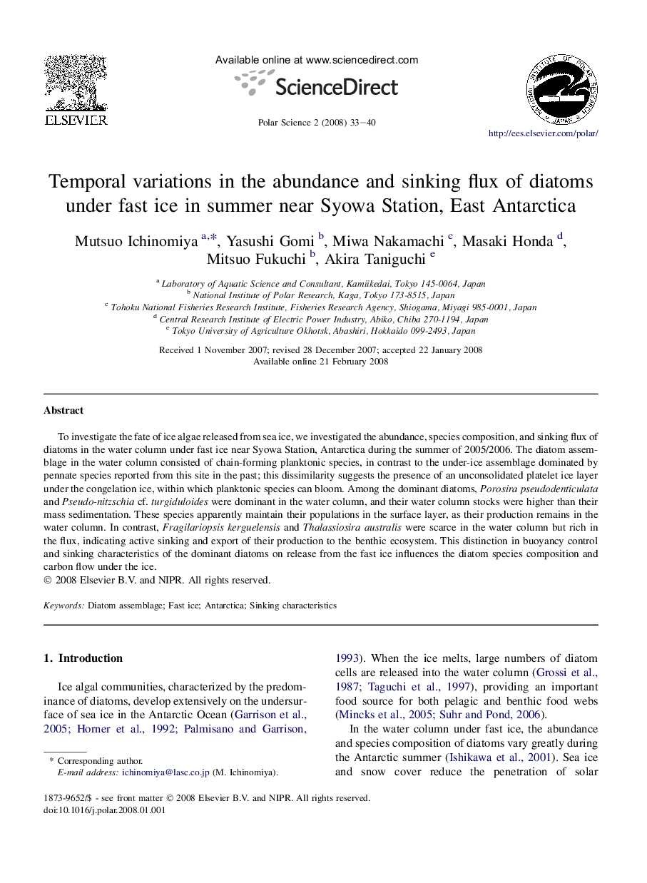 Temporal variations in the abundance and sinking flux of diatoms under fast ice in summer near Syowa Station, East Antarctica