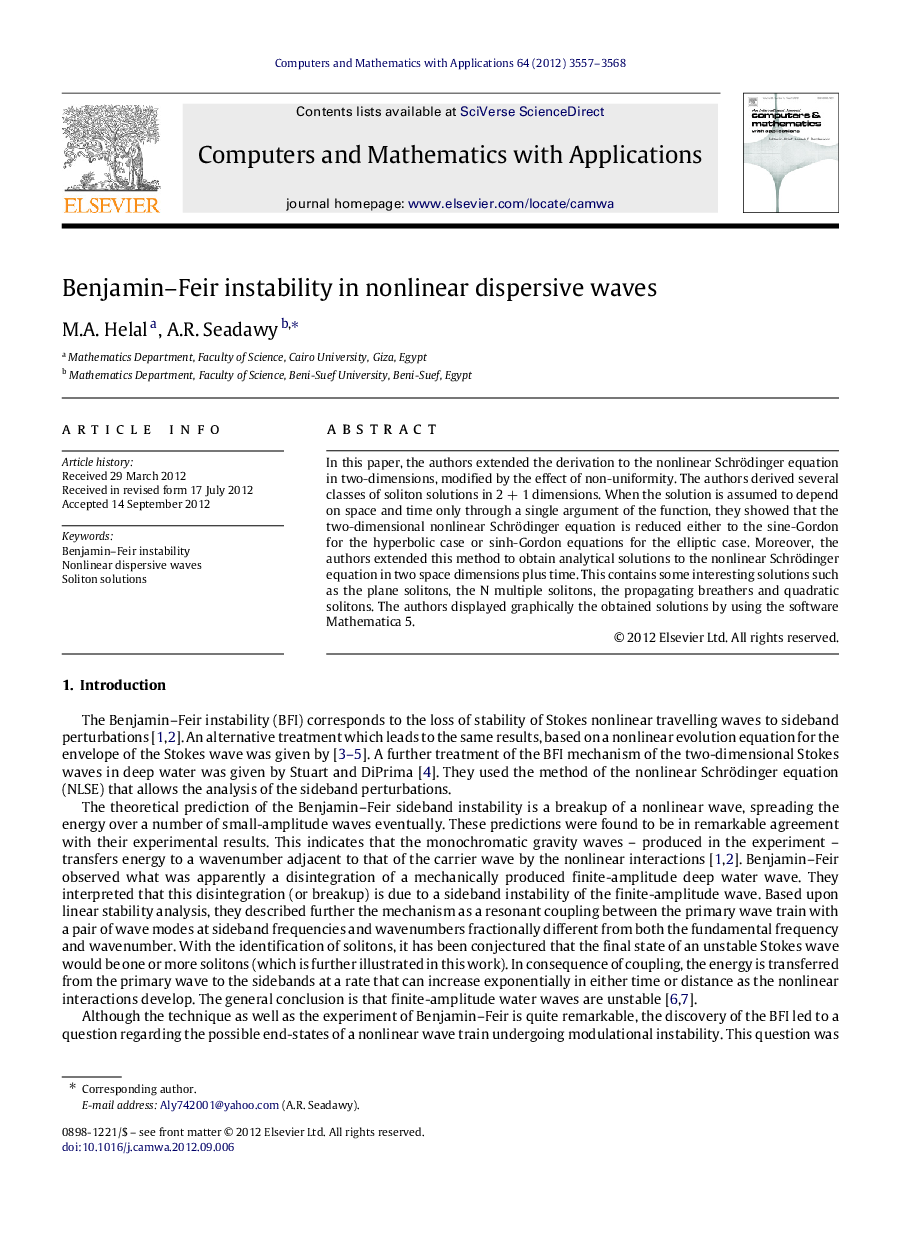 Benjamin–Feir instability in nonlinear dispersive waves