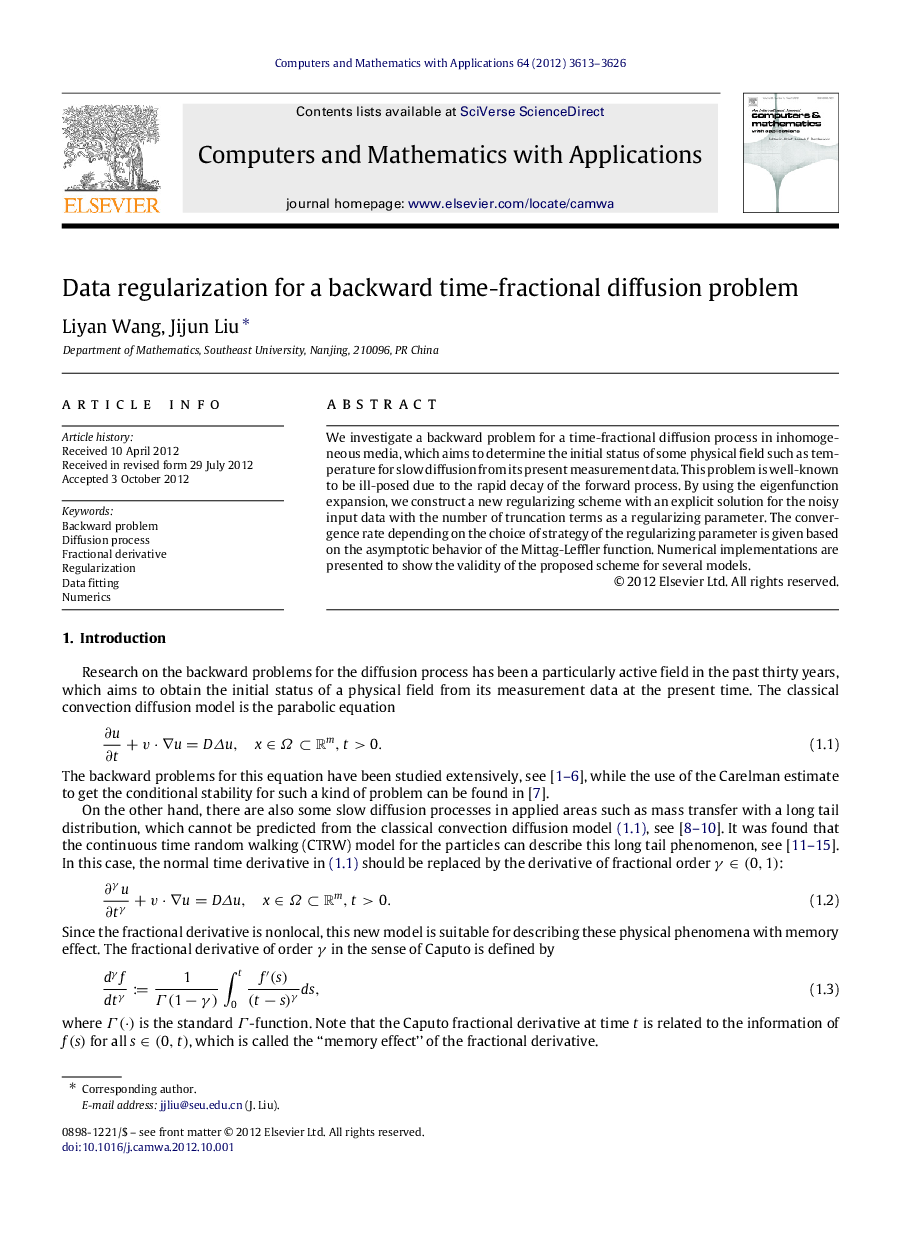 عکس صفحه اول مقاله: Data regularization for a backward time-fractional diffusion problem Data regularization for a backward time-fractional diffusion problem