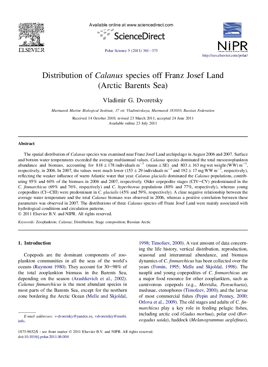 Distribution of Calanus species off Franz Josef Land (Arctic Barents Sea)