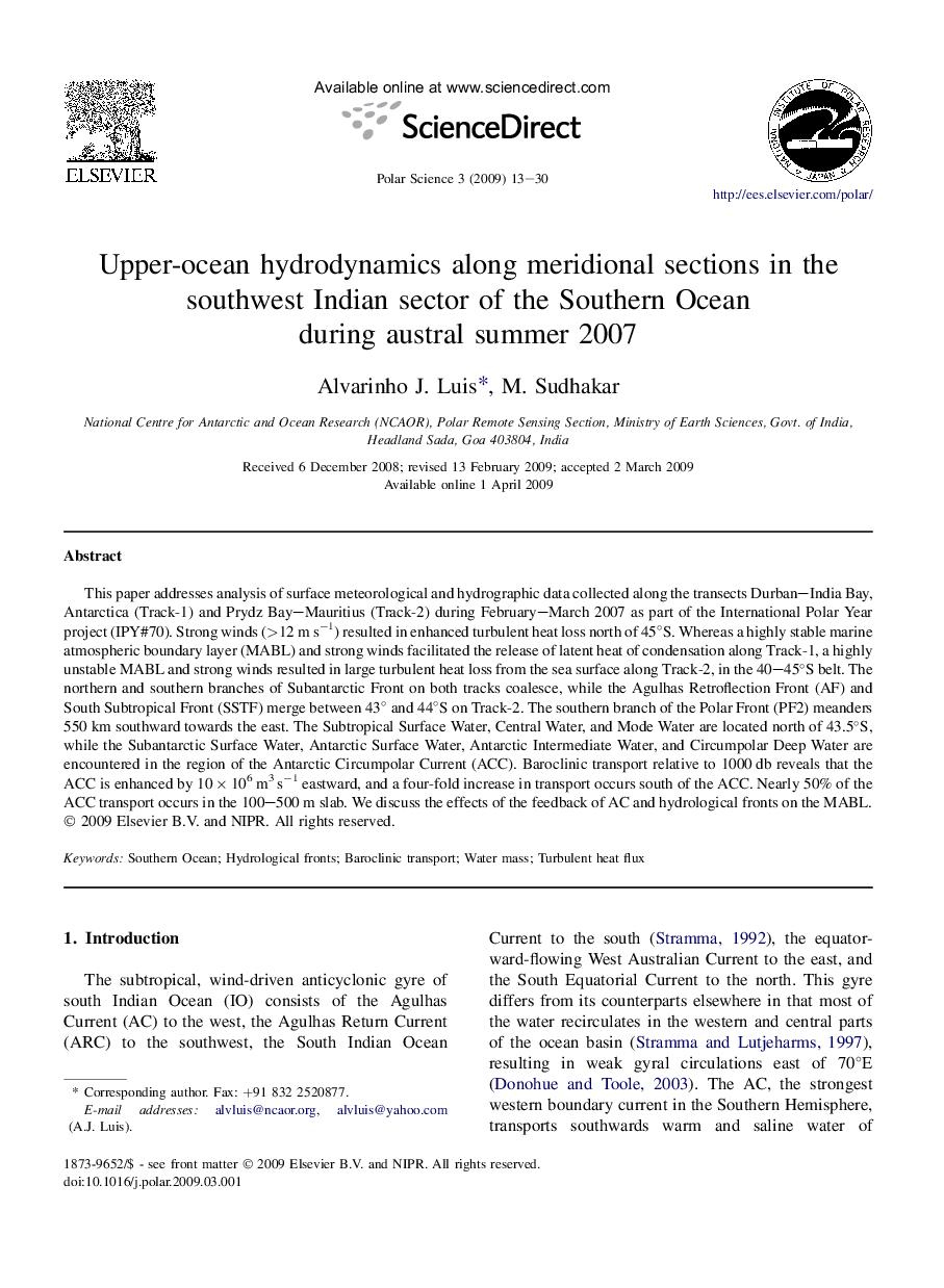 Upper-ocean hydrodynamics along meridional sections in the southwest Indian sector of the Southern Ocean during austral summer 2007