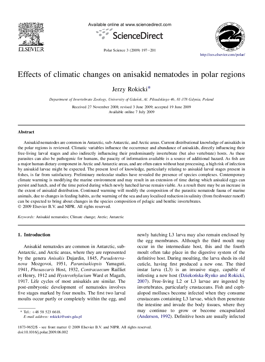 Effects of climatic changes on anisakid nematodes in polar regions