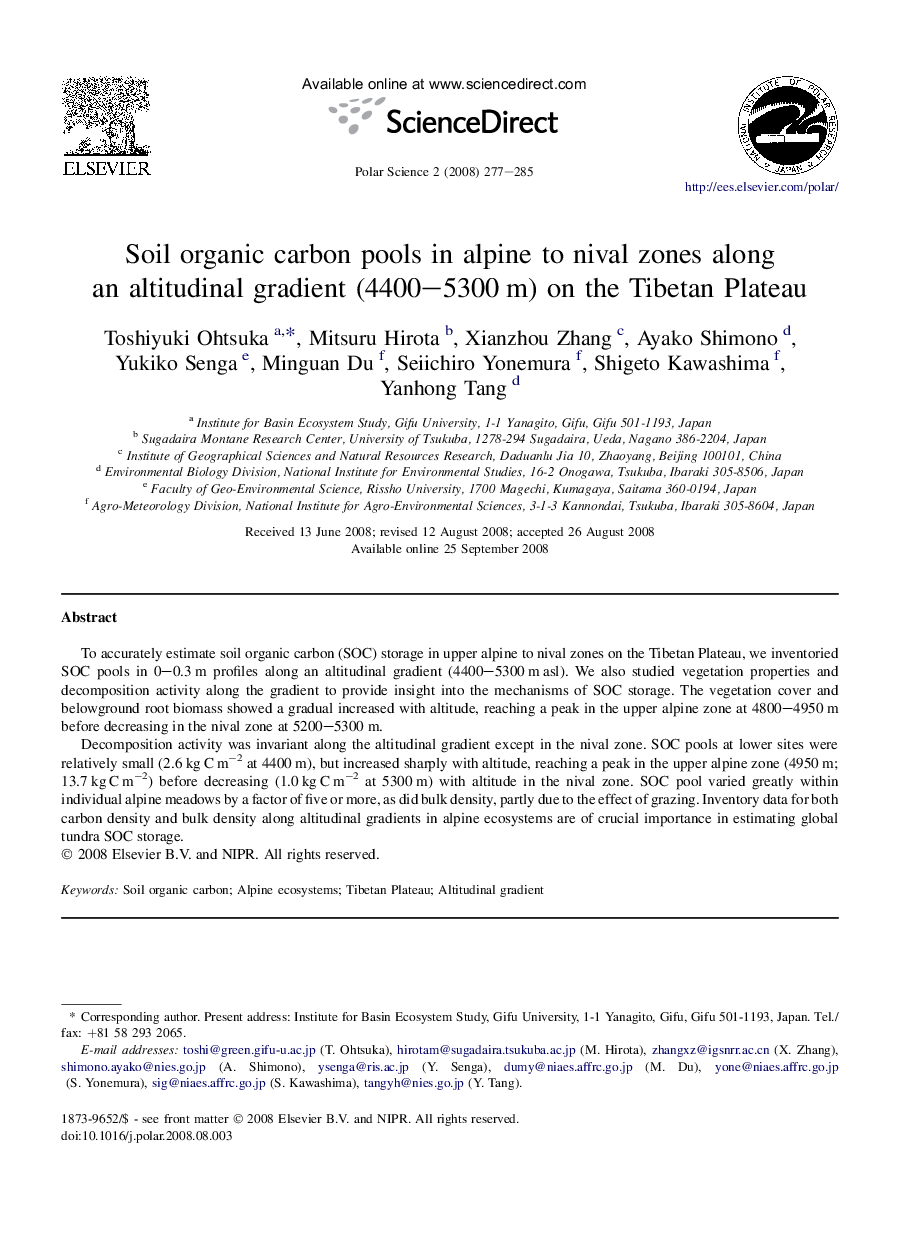 Soil organic carbon pools in alpine to nival zones along an altitudinal gradient (4400–5300 m) on the Tibetan Plateau