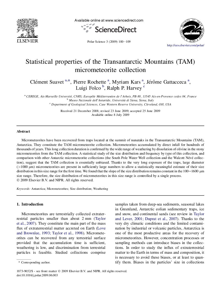 Statistical properties of the Transantarctic Mountains (TAM) micrometeorite collection