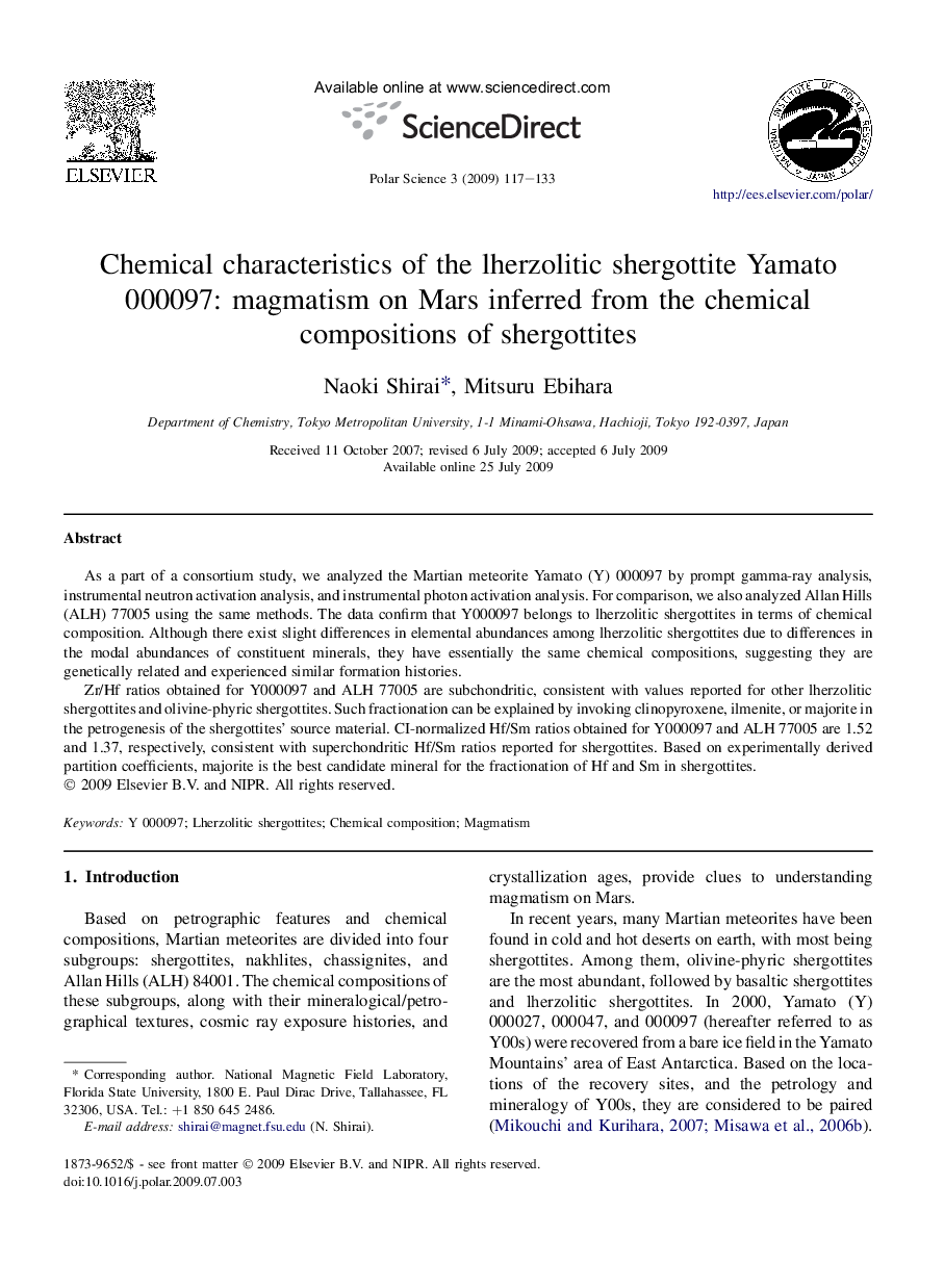 Chemical characteristics of the lherzolitic shergottite Yamato 000097: magmatism on Mars inferred from the chemical compositions of shergottites