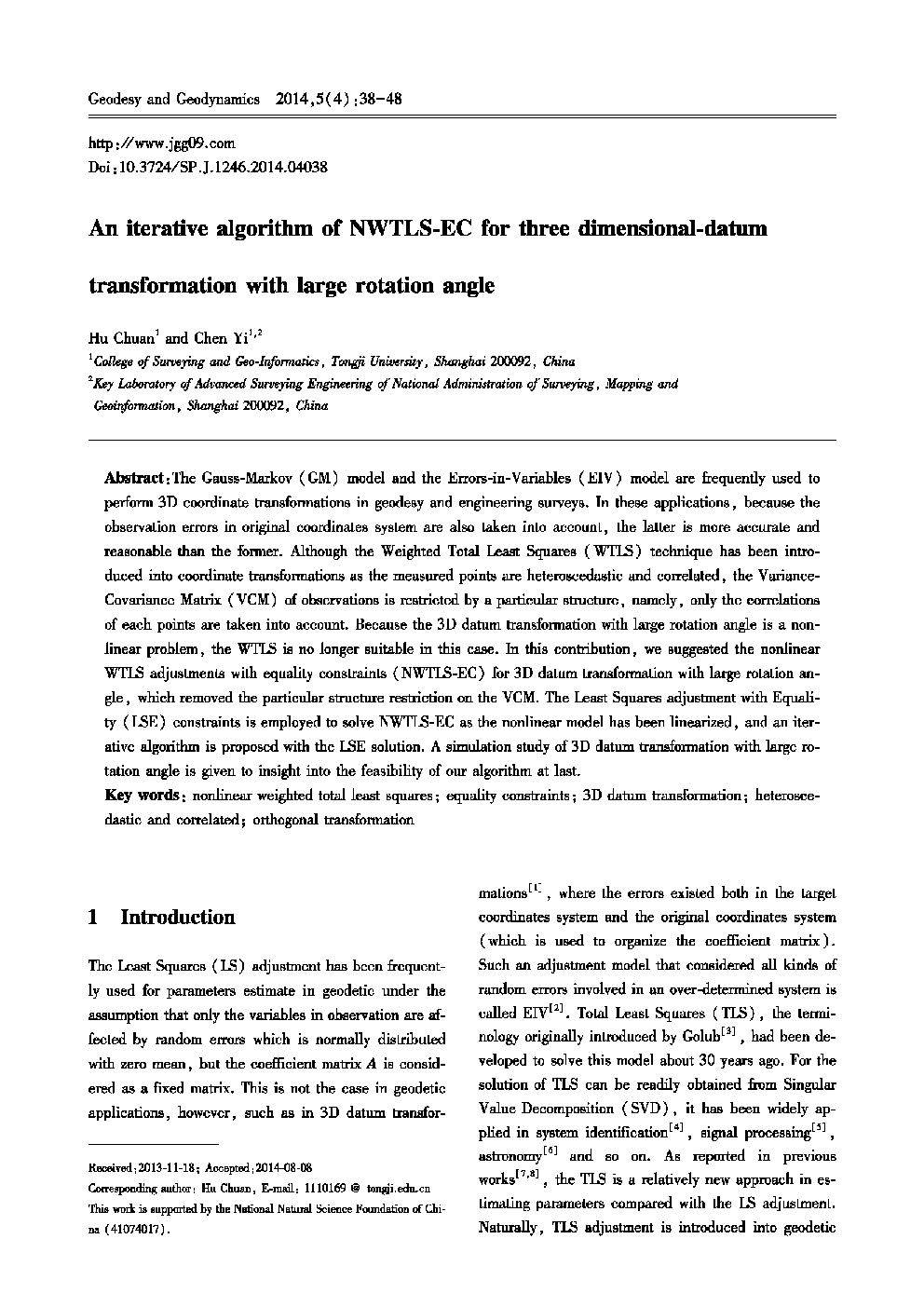 An iterative algorithm of NWTLS-EC for three dimensional-datum transformation with large rotation angle 