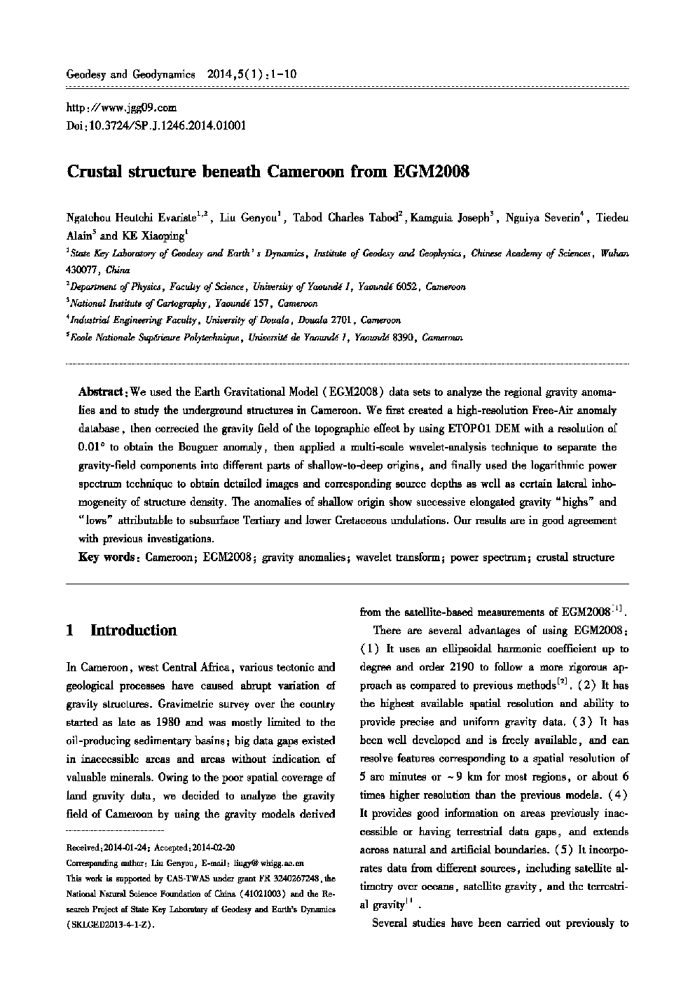 Crustal structure beneath Cameroon from EGM2008 