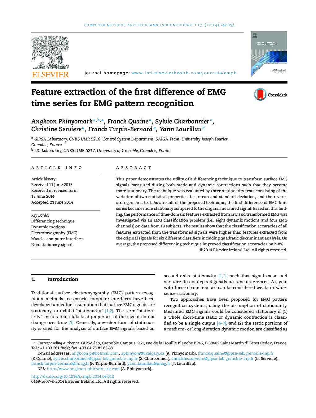 Feature extraction of the first difference of EMG time series for EMG pattern recognition