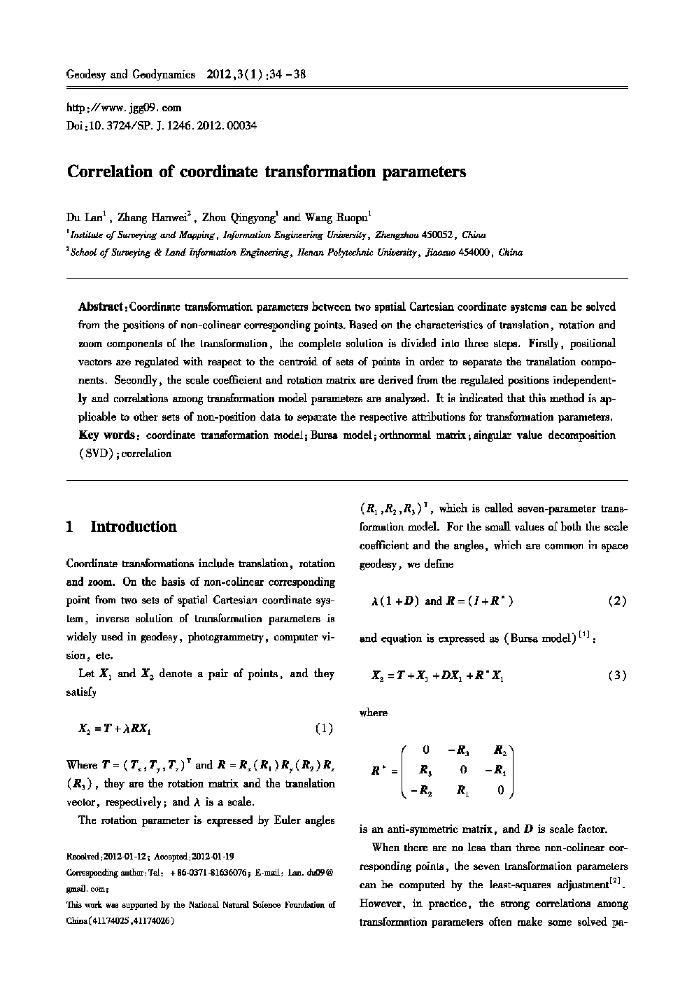 Correlation of coordinate transformation parameters 