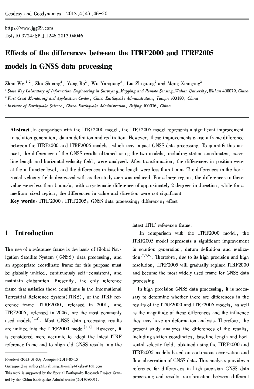 Effects of the differences between the ITRF2000 and ITRF2005 models in GNSS data processing 