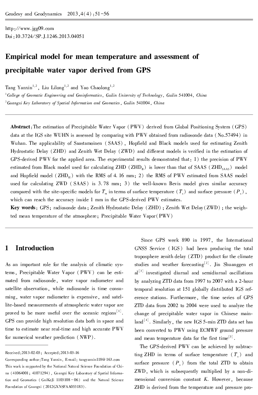 Empirical model for mean temperature and assessment of precipitable water vapor derived from GPS 