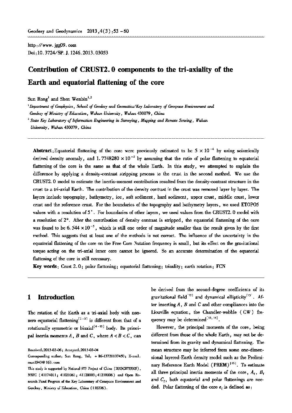 Contribution of CRUST2.0 components to the tri-axiality of the Earth and equatorial flattening of the core 