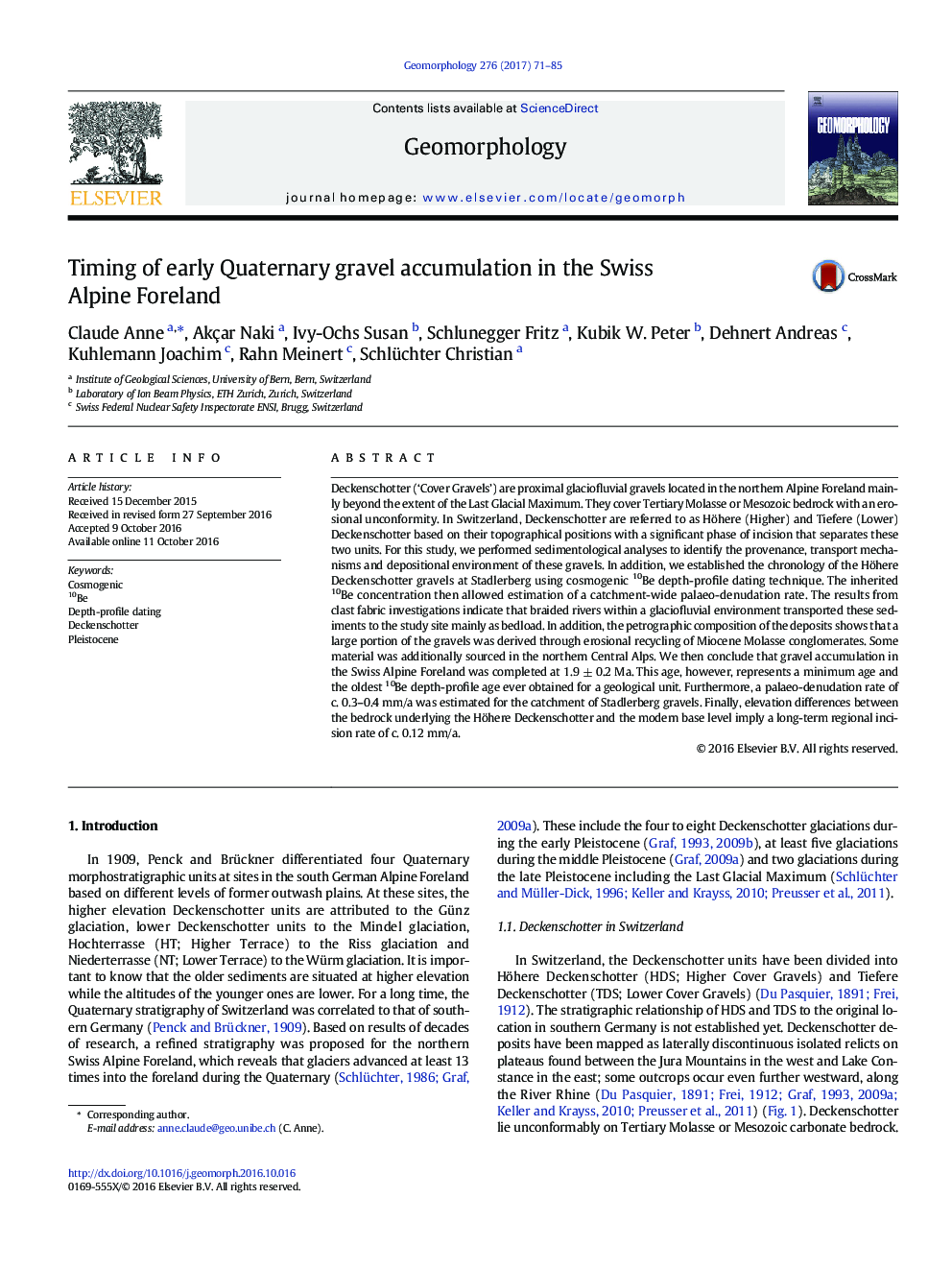 Timing of early Quaternary gravel accumulation in the Swiss Alpine Foreland