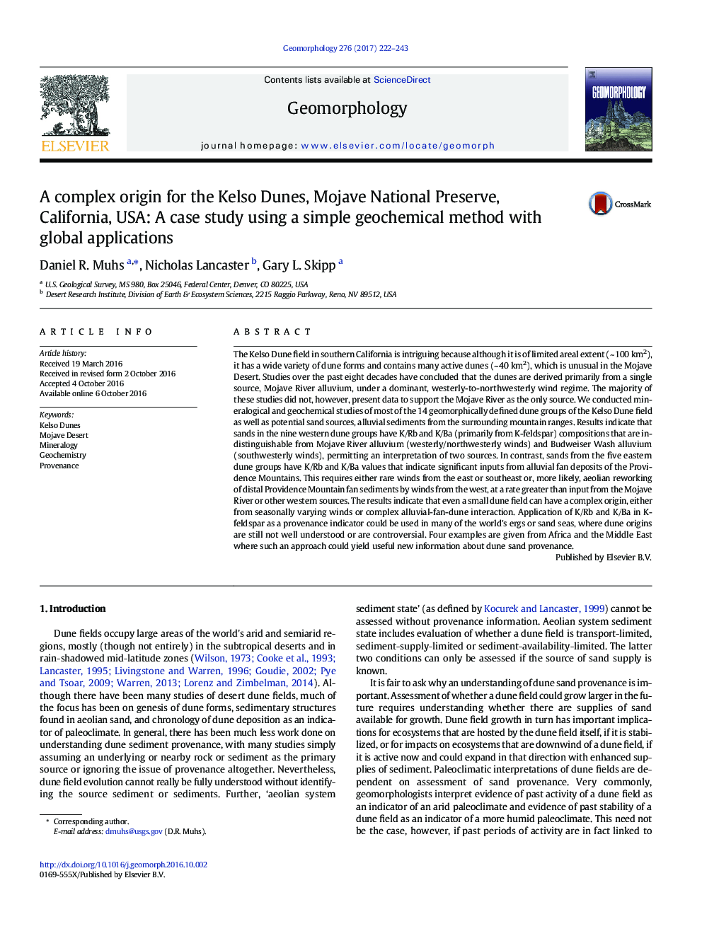 A complex origin for the Kelso Dunes, Mojave National Preserve, California, USA: A case study using a simple geochemical method with global applications