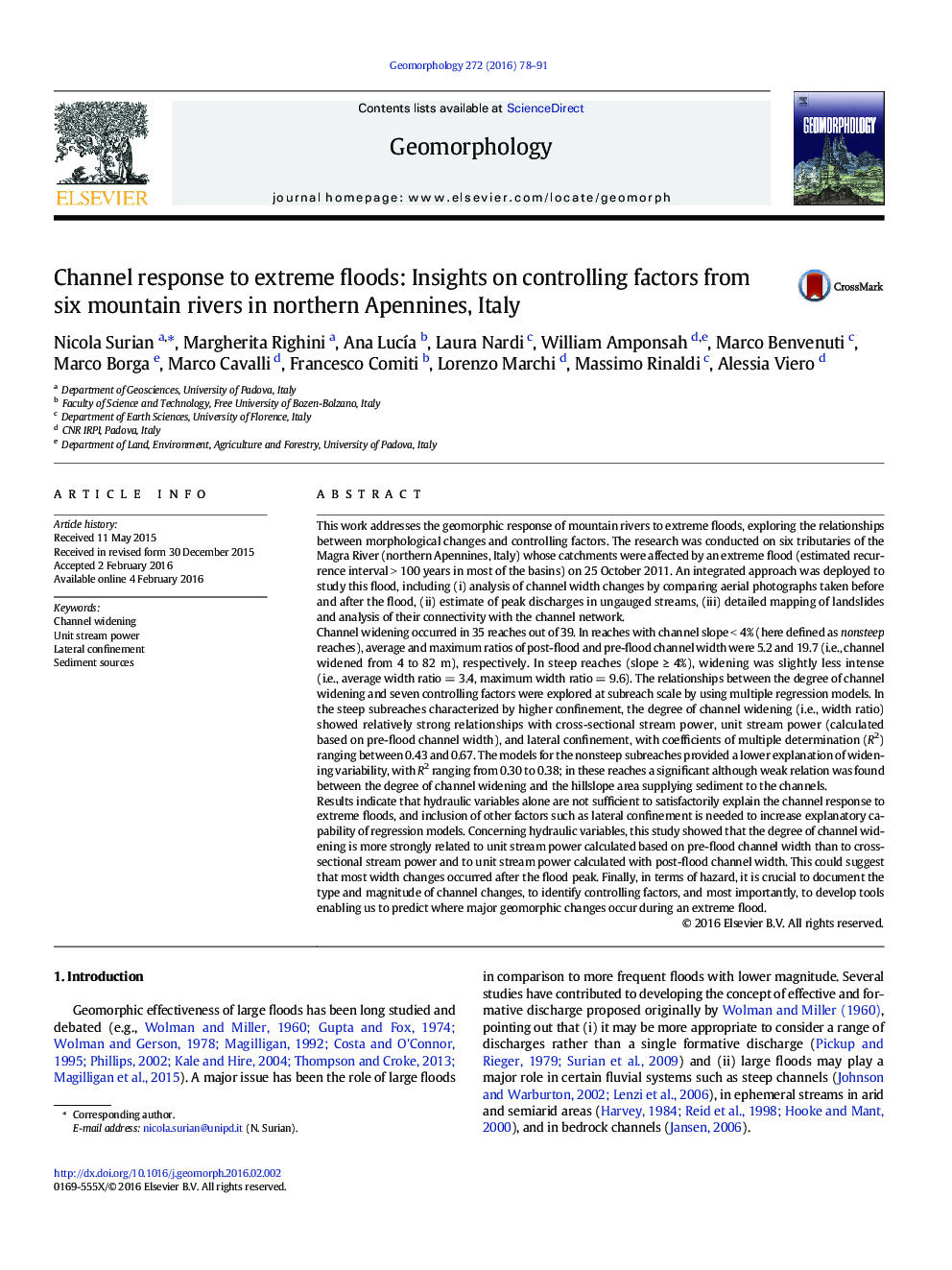 Channel response to extreme floods: Insights on controlling factors from six mountain rivers in northern Apennines, Italy