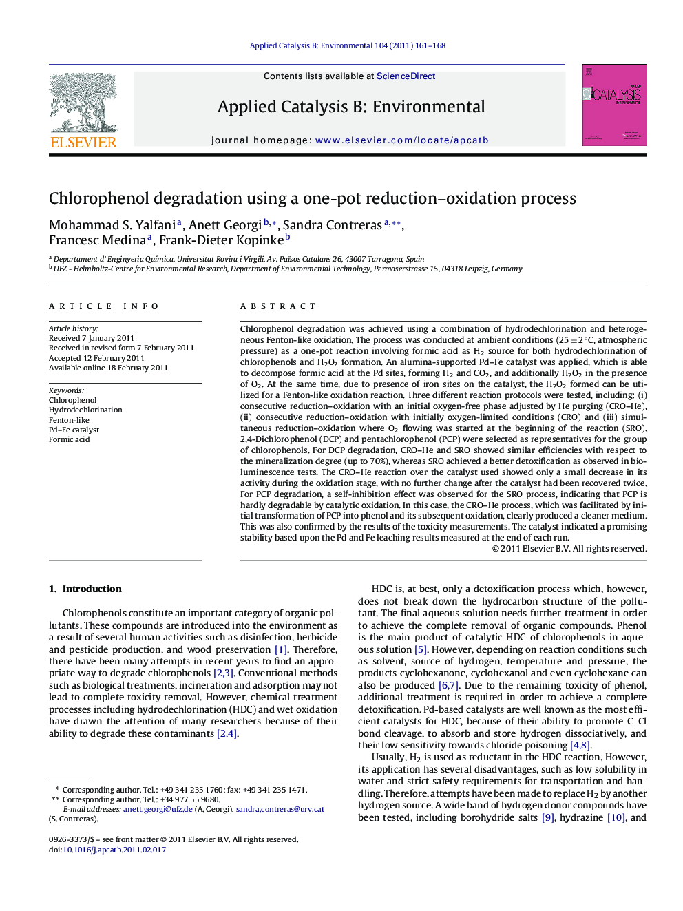 Chlorophenol degradation using a one-pot reduction–oxidation process