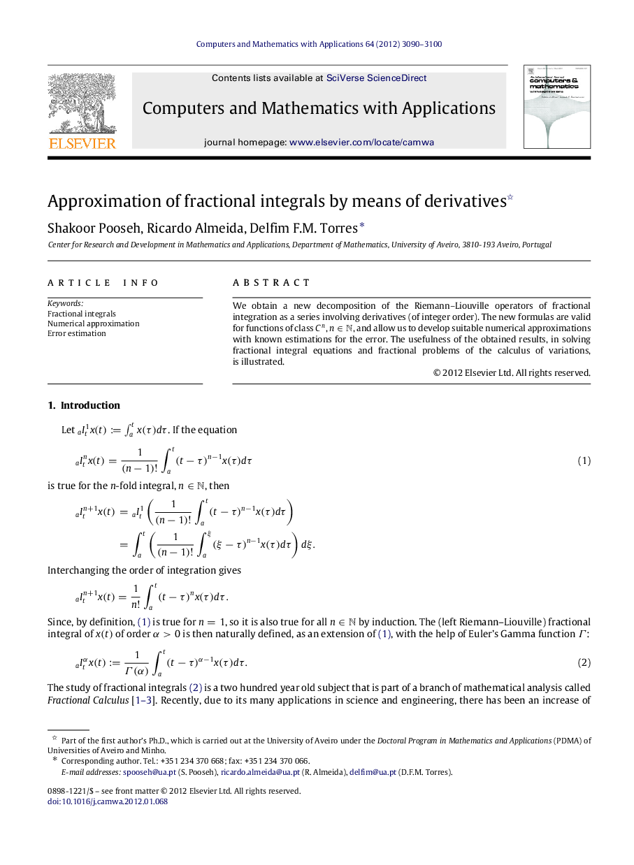 Approximation of fractional integrals by means of derivatives 