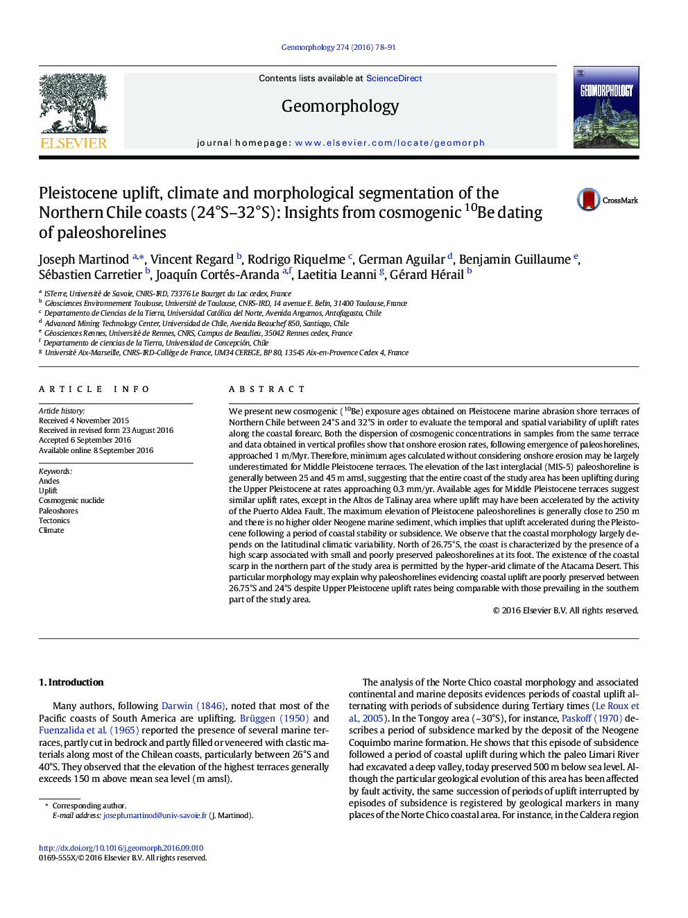 Pleistocene uplift, climate and morphological segmentation of the Northern Chile coasts (24°S–32°S): Insights from cosmogenic 10Be dating of paleoshorelines