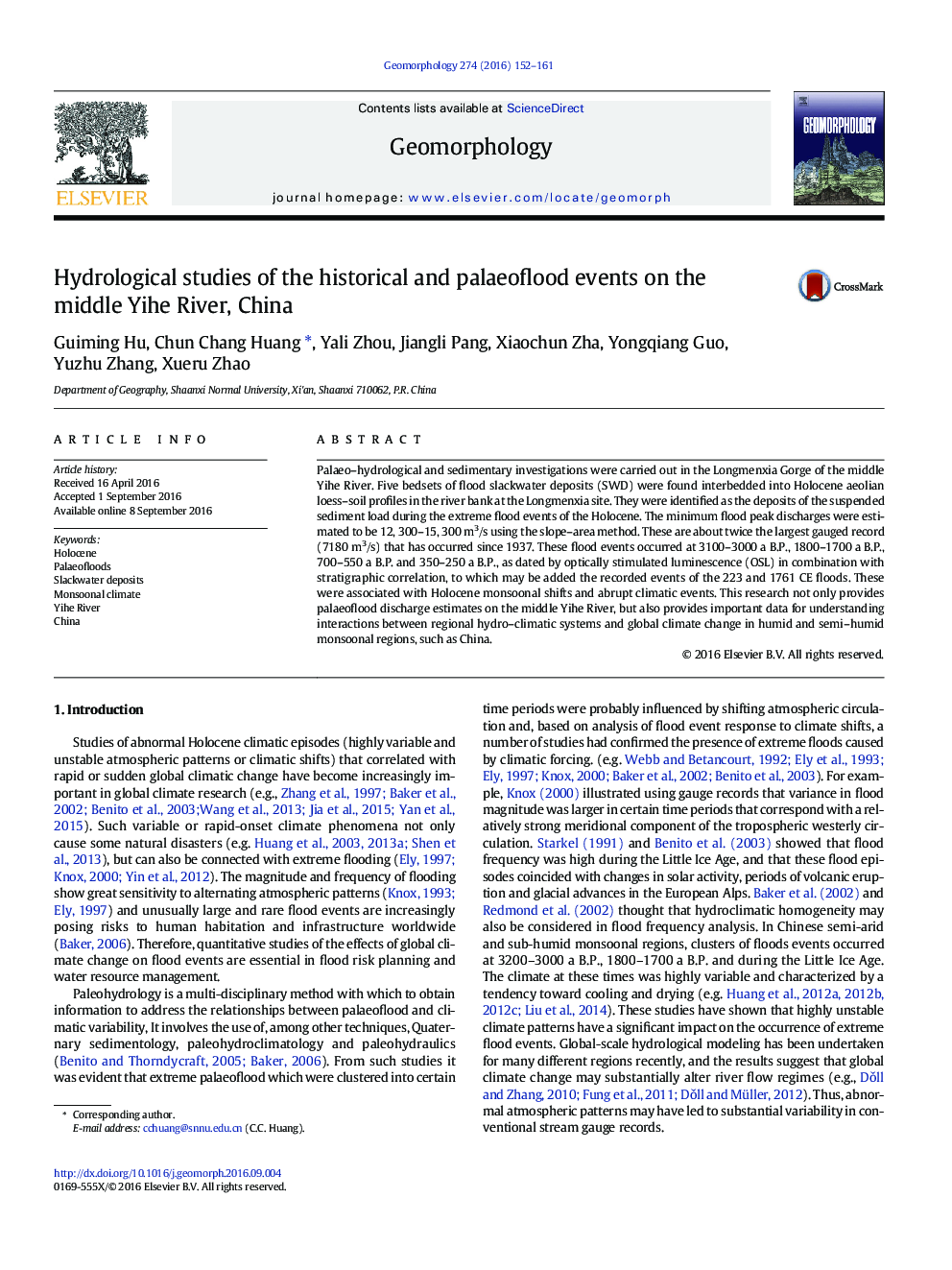 Hydrological studies of the historical and palaeoflood events on the middle Yihe River, China