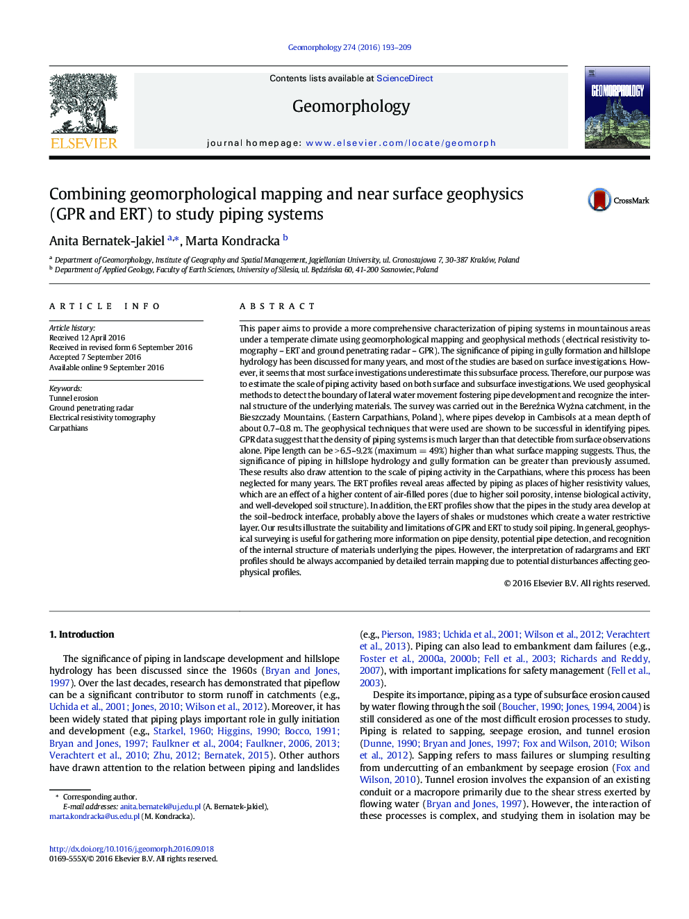 Combining geomorphological mapping and near surface geophysics (GPR and ERT) to study piping systems