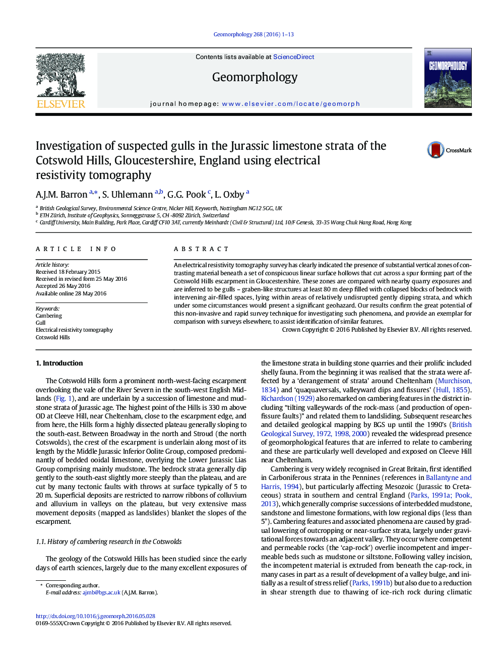 Investigation of suspected gulls in the Jurassic limestone strata of the Cotswold Hills, Gloucestershire, England using electrical resistivity tomography