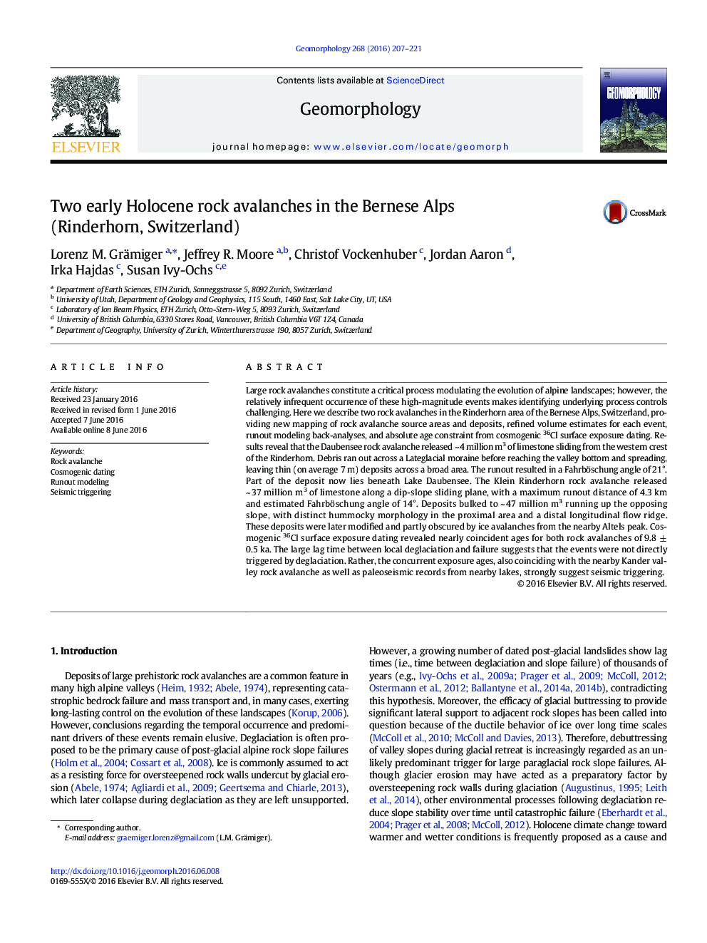 Two early Holocene rock avalanches in the Bernese Alps (Rinderhorn, Switzerland)