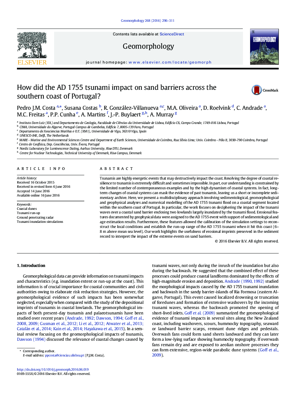 How did the AD 1755 tsunami impact on sand barriers across the southern coast of Portugal?