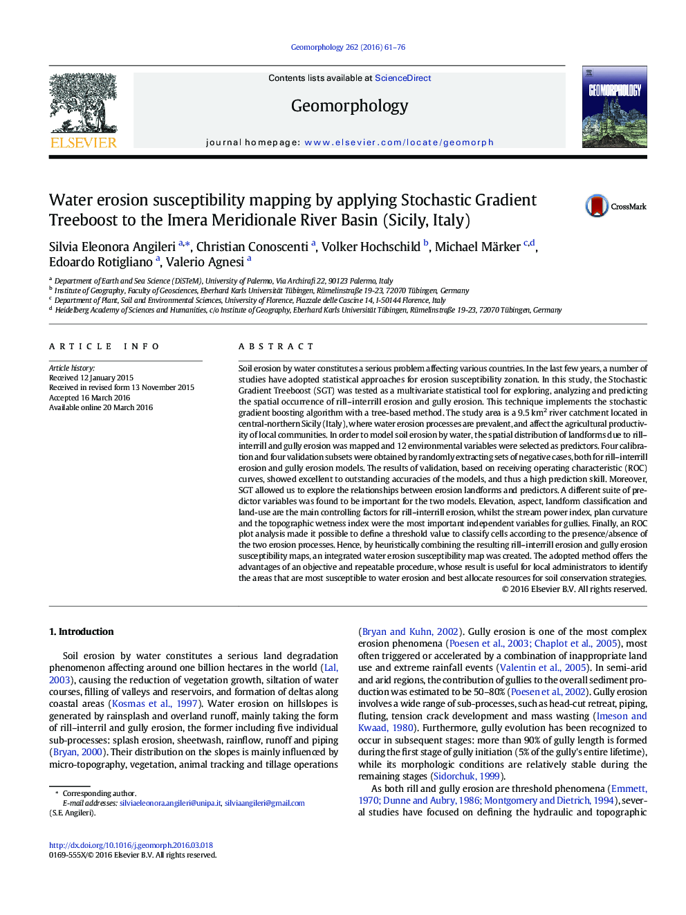 Water erosion susceptibility mapping by applying Stochastic Gradient Treeboost to the Imera Meridionale River Basin (Sicily, Italy)