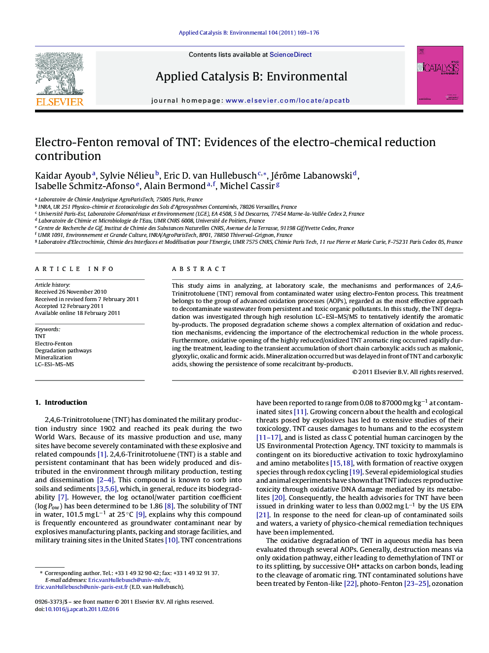 Electro-Fenton removal of TNT: Evidences of the electro-chemical reduction contribution