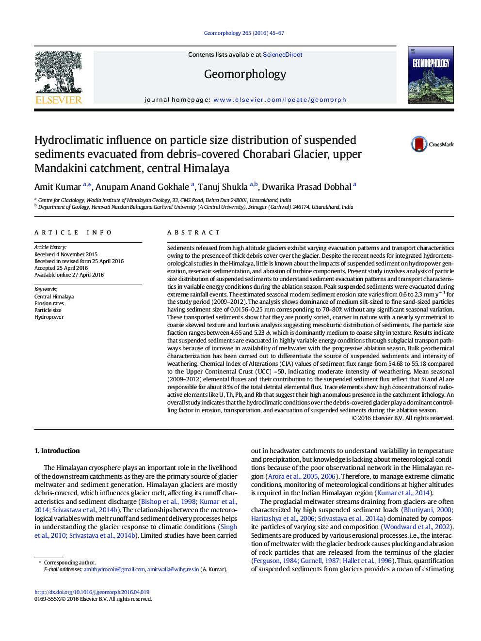 Hydroclimatic influence on particle size distribution of suspended sediments evacuated from debris-covered Chorabari Glacier, upper Mandakini catchment, central Himalaya