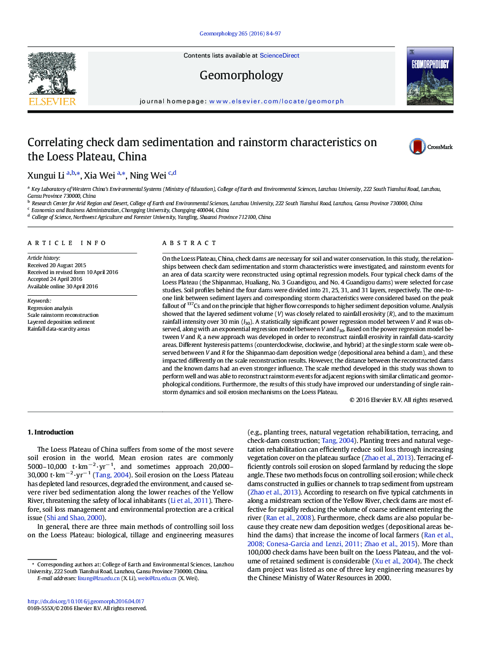 Correlating check dam sedimentation and rainstorm characteristics on the Loess Plateau, China