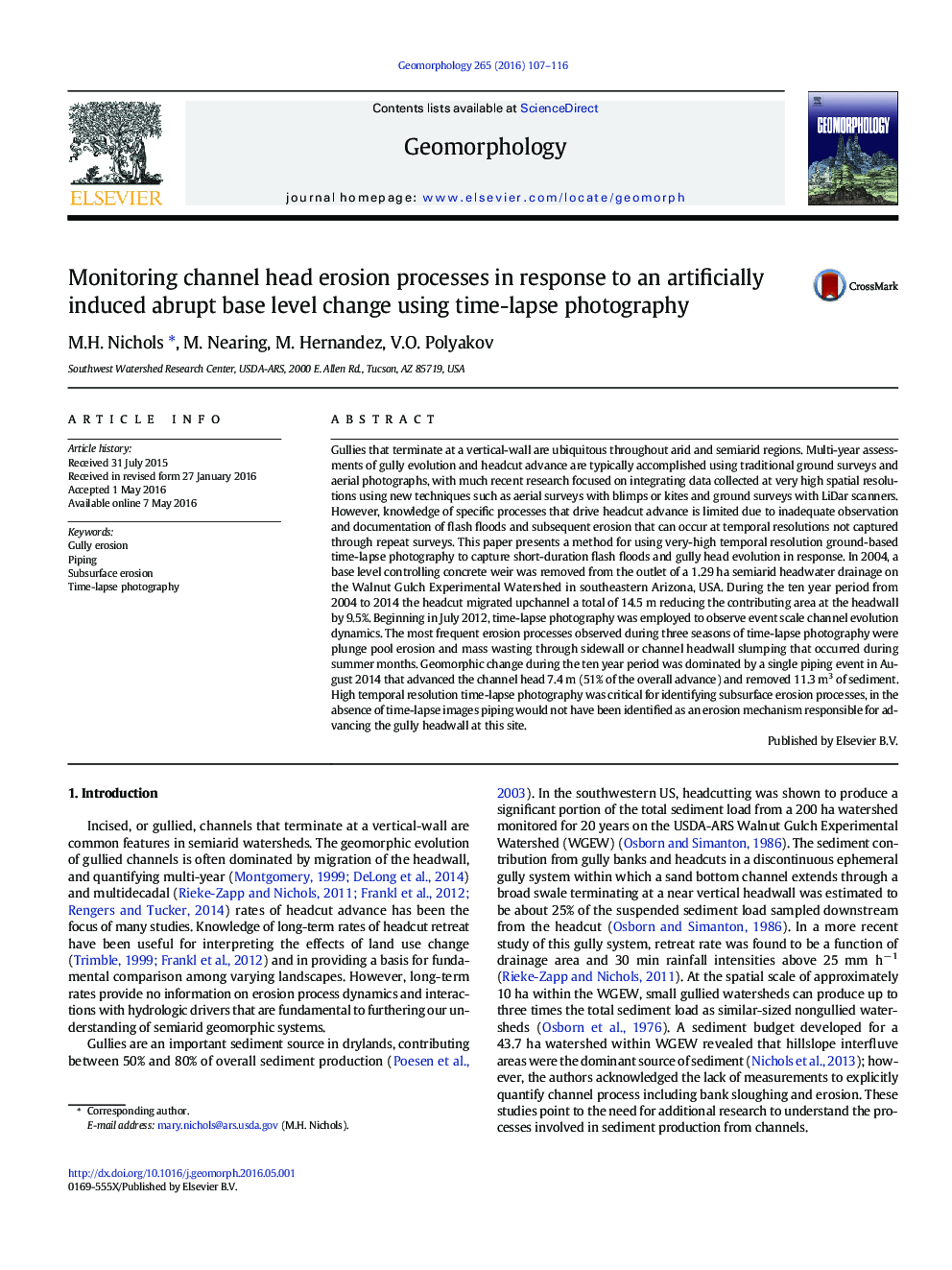 Monitoring channel head erosion processes in response to an artificially induced abrupt base level change using time-lapse photography