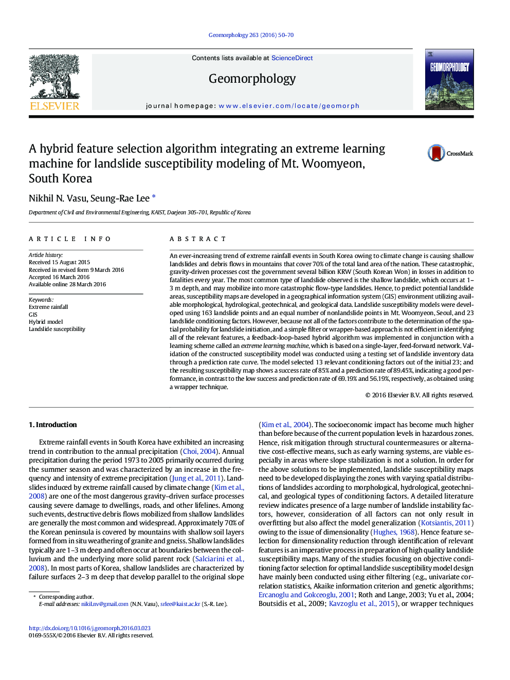 A hybrid feature selection algorithm integrating an extreme learning machine for landslide susceptibility modeling of Mt. Woomyeon, South Korea