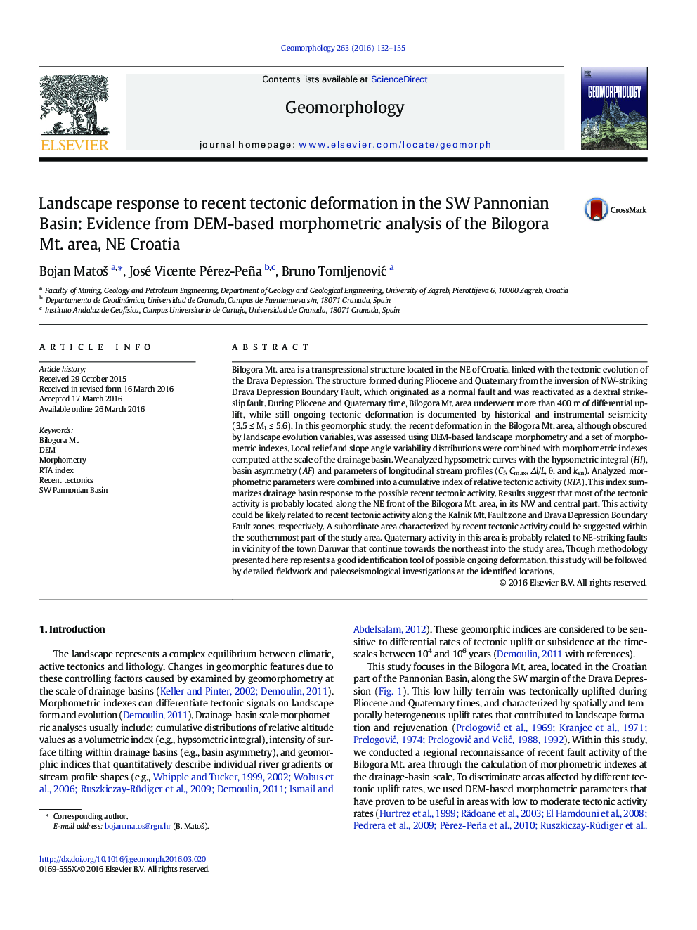 Landscape response to recent tectonic deformation in the SW Pannonian Basin: Evidence from DEM-based morphometric analysis of the Bilogora Mt. area, NE Croatia