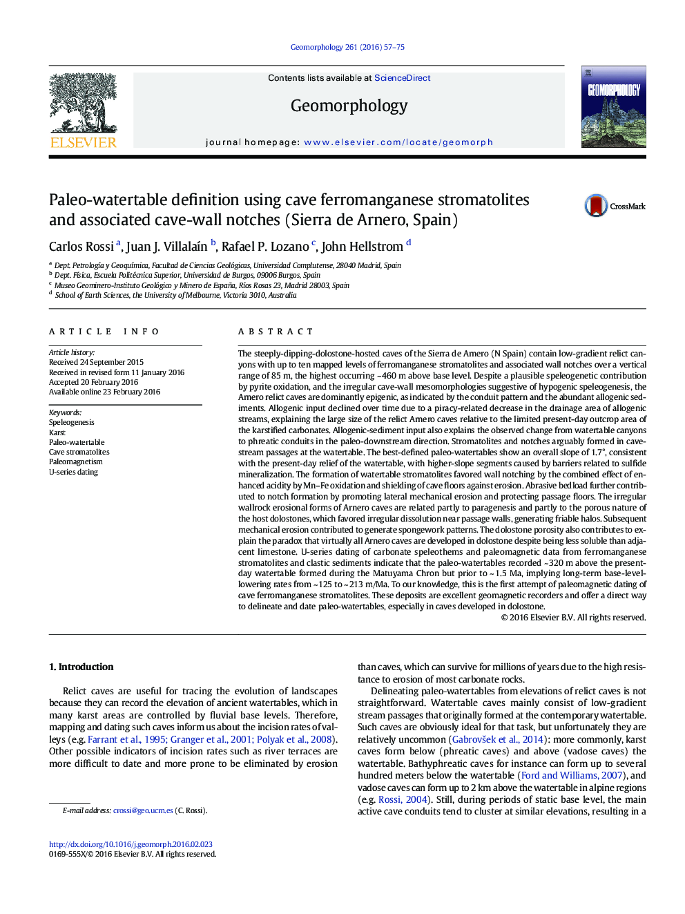 Paleo-watertable definition using cave ferromanganese stromatolites and associated cave-wall notches (Sierra de Arnero, Spain)