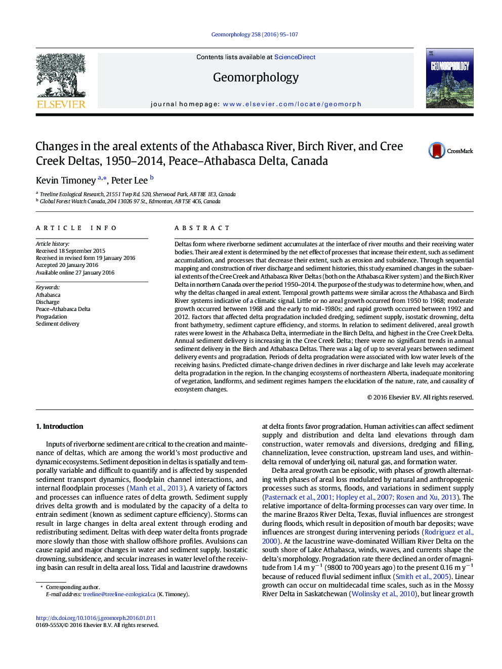 Changes in the areal extents of the Athabasca River, Birch River, and Cree Creek Deltas, 1950–2014, Peace–Athabasca Delta, Canada