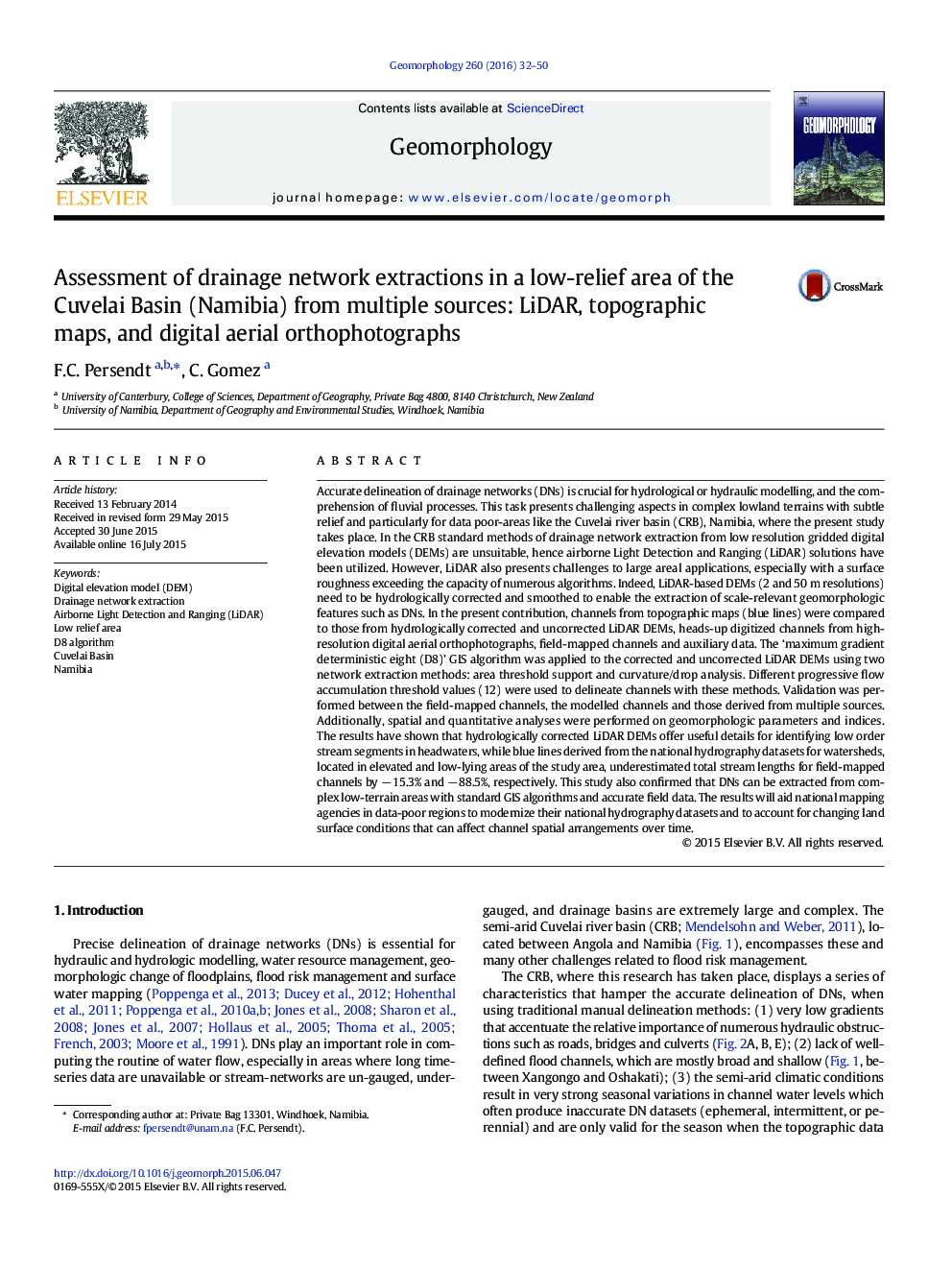 Assessment of drainage network extractions in a low-relief area of the Cuvelai Basin (Namibia) from multiple sources: LiDAR, topographic maps, and digital aerial orthophotographs