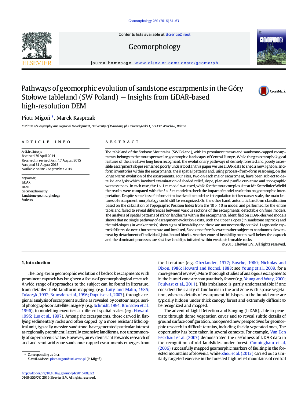 Pathways of geomorphic evolution of sandstone escarpments in the Góry Stołowe tableland (SW Poland) — Insights from LiDAR-based high-resolution DEM