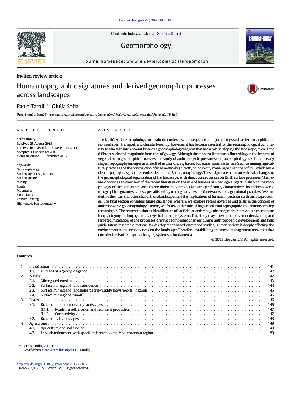 Human topographic signatures and derived geomorphic processes across landscapes